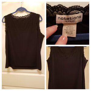 Black slinky style vee neck tank top lace trim